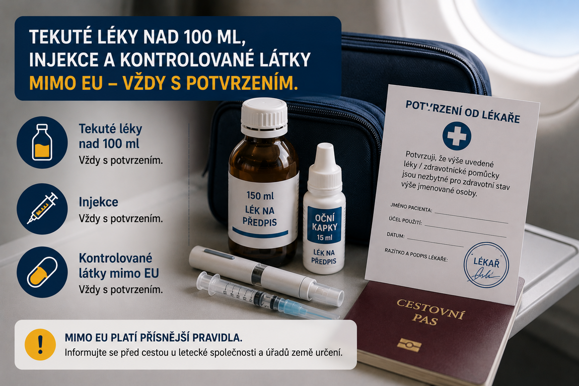 Injekce, inzulín a léky na předpis vyžadují při cestě mimo EU lékařské potvrzení.