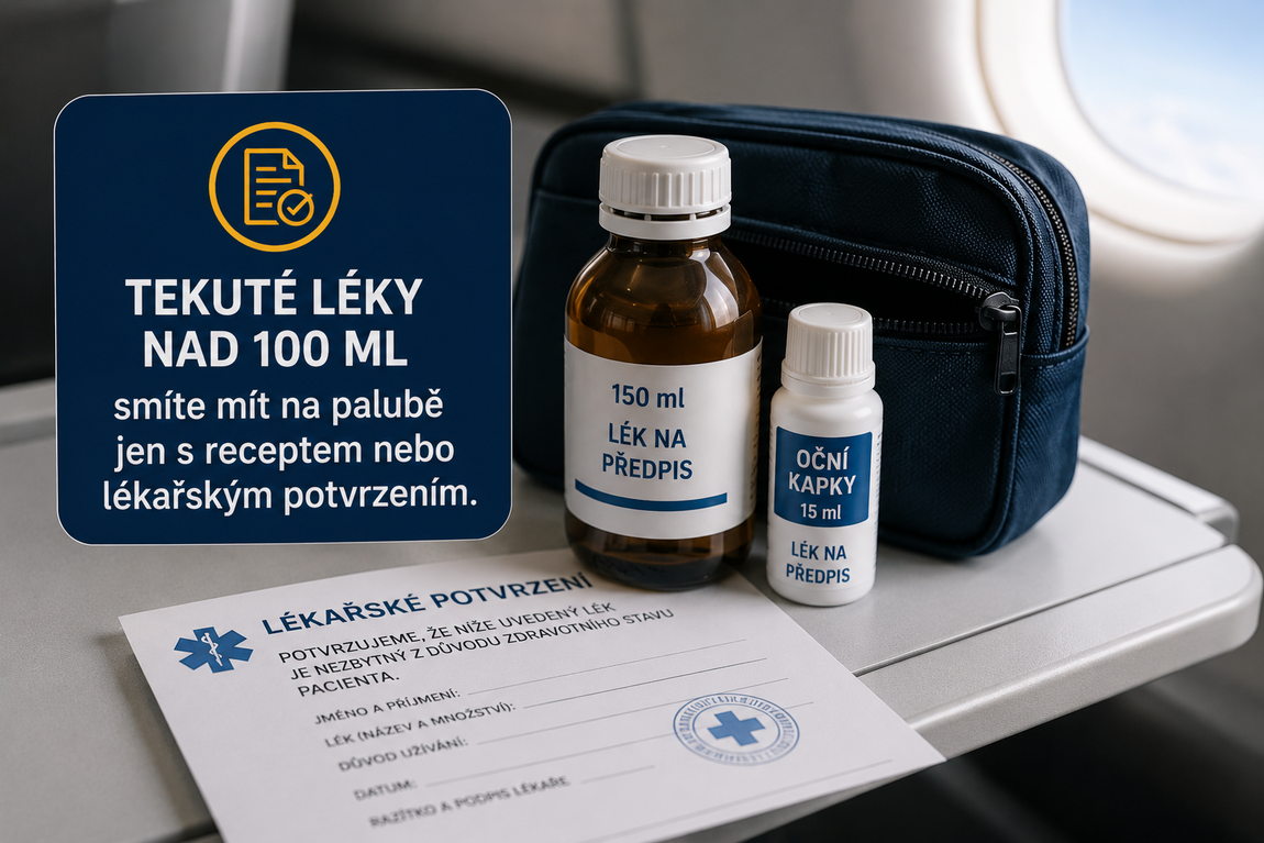 Tekuté léky do 100 ml v průhledném sáčku, nad 100 ml jen s lékařským potvrzením.