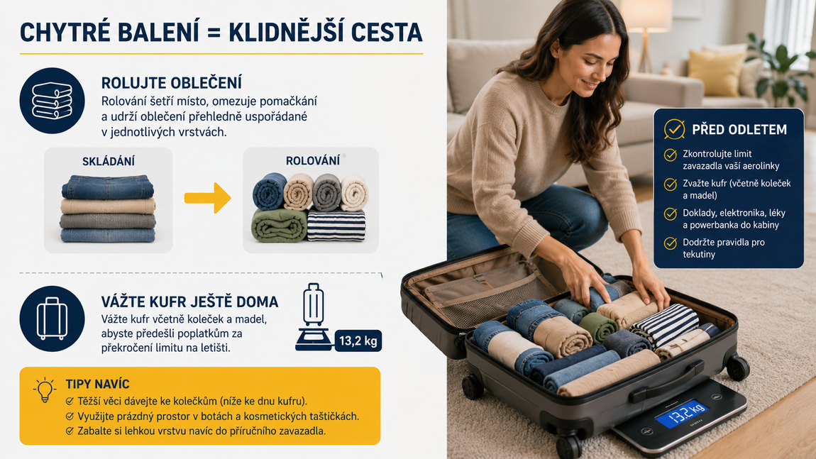 Rolování oblečení a vakuové pytle ušetří v příručním zavazadle místo.