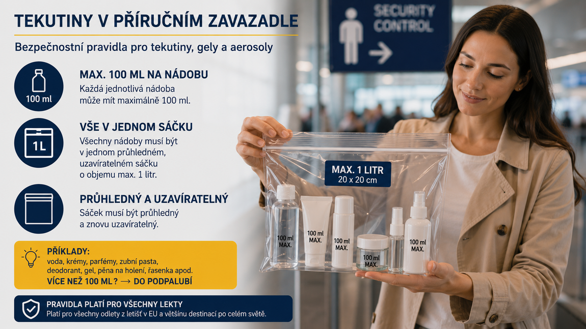 Tekutiny do 100 ml v jednom průhledném uzavíratelném sáčku do 1 litru.