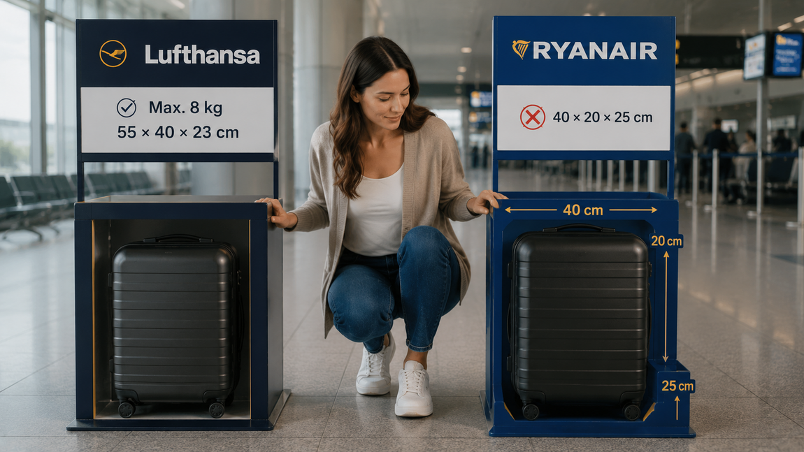 Porovnání povolených rozměrů příručního zavazadla u Lufthansy a Ryanairu.