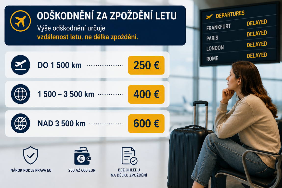 Výše kompenzace za zpožděný let podle vzdálenosti: 250, 400 a 600 EUR.